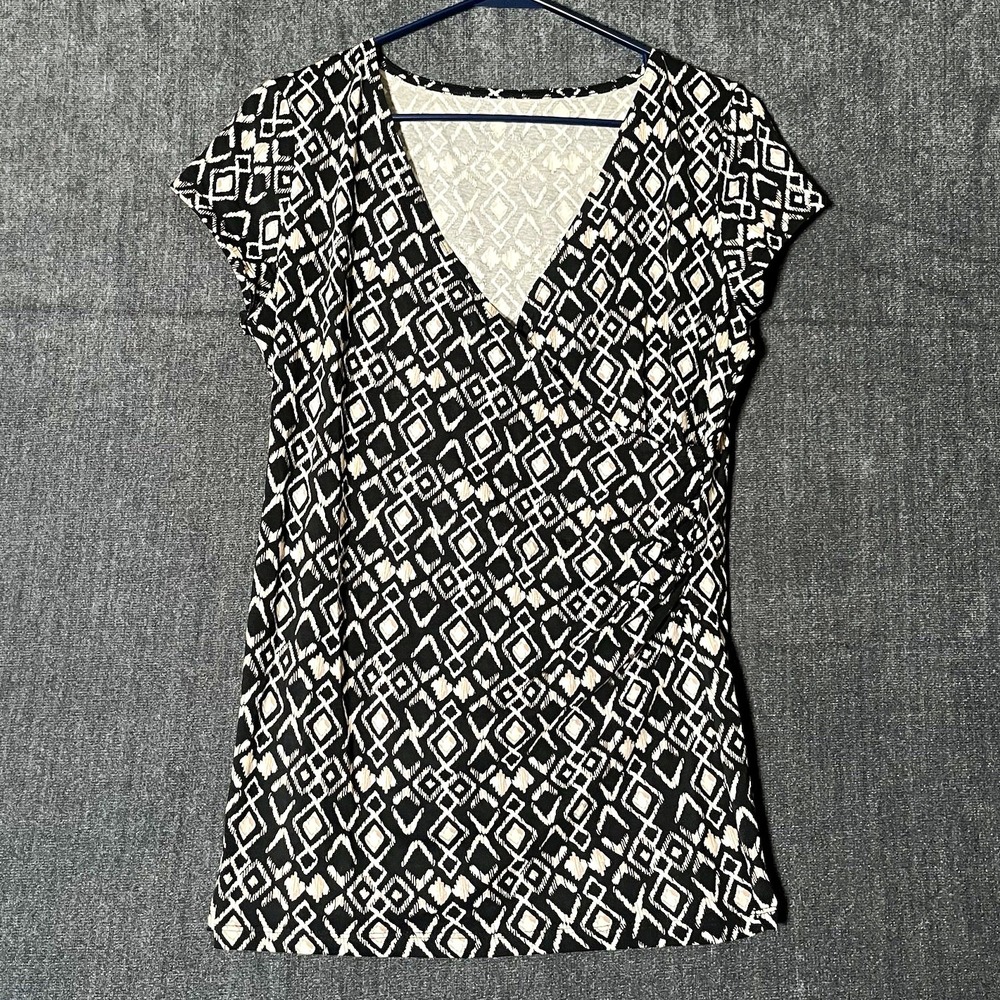 Merona Women's S Black White Geometric V-Neck Cap Sleeve Knit Wrap Top